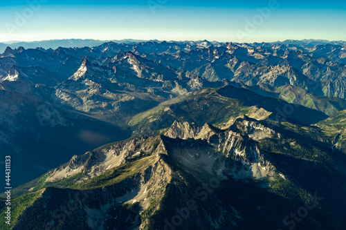 An aerial photo of mountain ranges in Northern Idaho, USA