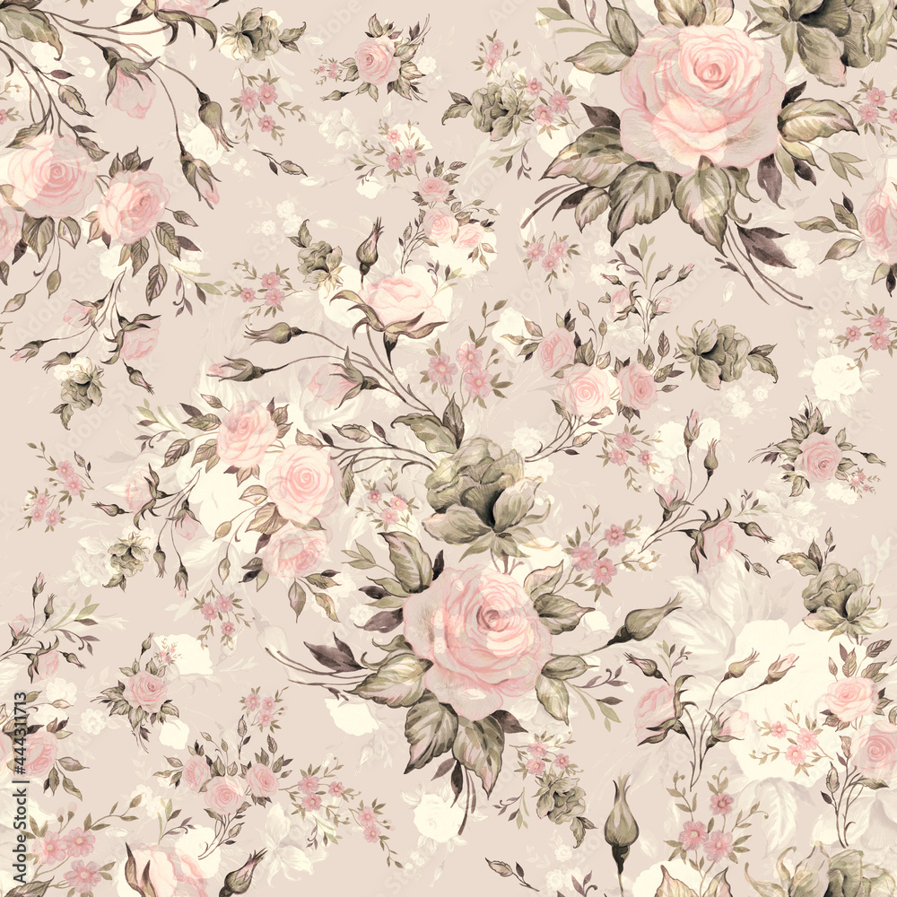  Floral seamless pattern luxury roses drawn on paper with paints. 