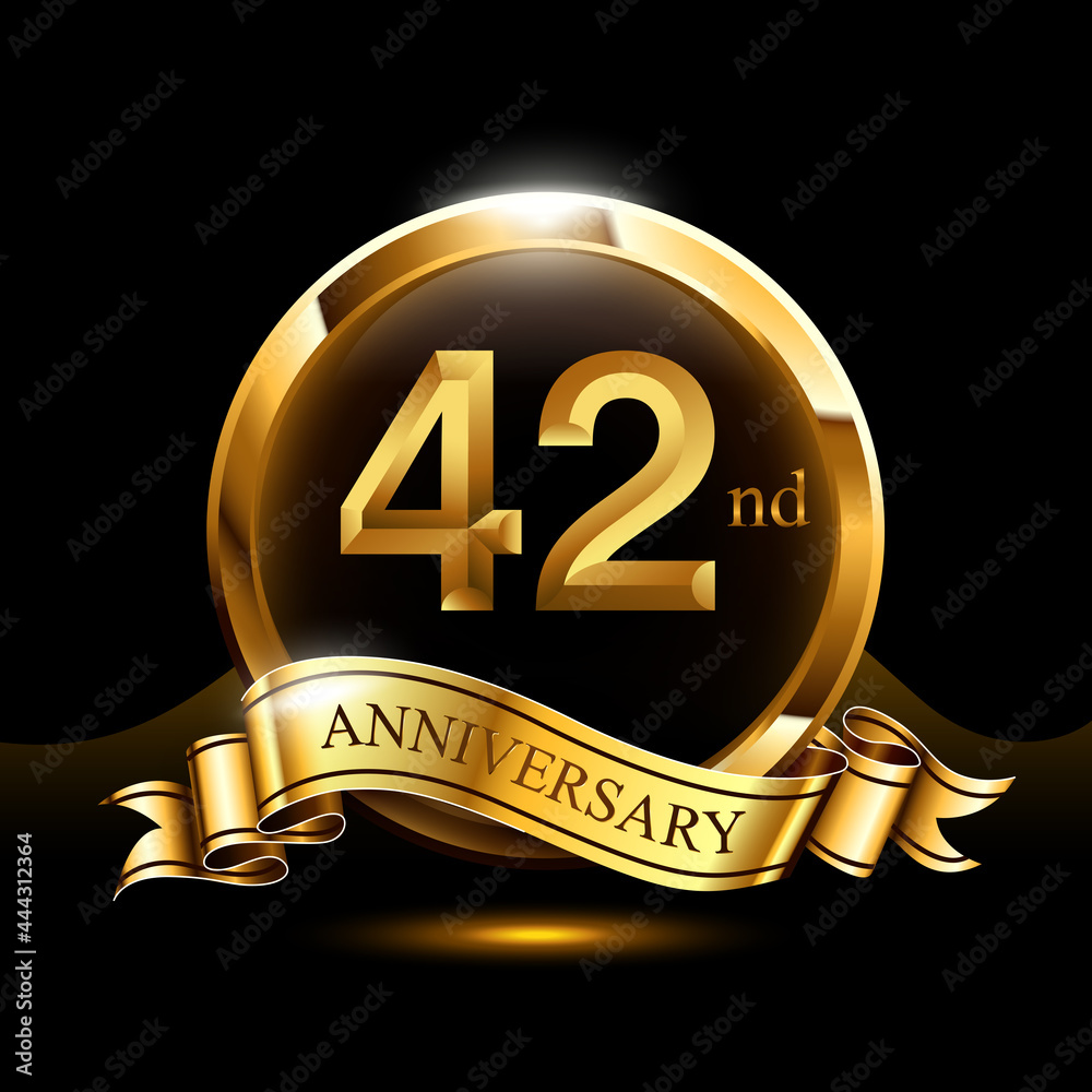 42 years golden anniversary logo celebration with ring and ribbon. - obrazy, fototapety, plakaty 