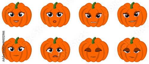 Attractive icon set of vegetable emoji set of pumpkin. This set can use as a Halloween emoji set. this presents happy, sad, angry, sleepy, odd, surprise, cry, smile facial expressions.