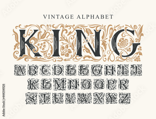 The word KING. Vintage Alphabet, vector set of hand-drawn initial alphabet letters on a light background. Luxury design of ornate royal typeface for monogram, card, invitation, label, logo, signboard