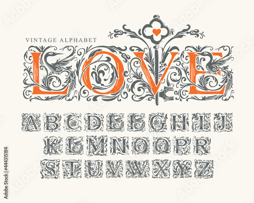 The word LOVE decorated with old key. Vector set of hand-drawn initial letters on a light background. Vintage Alphabet. Luxury design of ornate typeface for monogram, card, invitation, label, logo