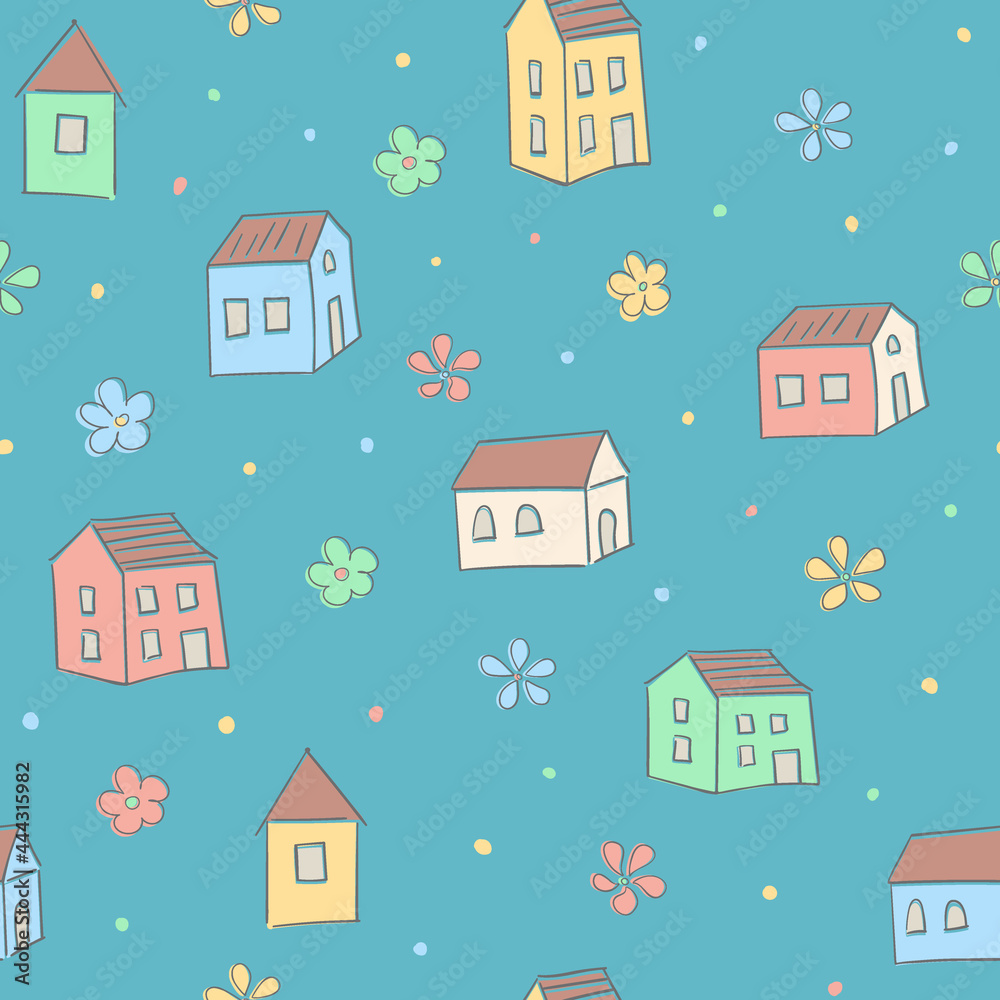 House seamless pattern. Childrens cartoon background. Cute bright colored print. Pastel palette.