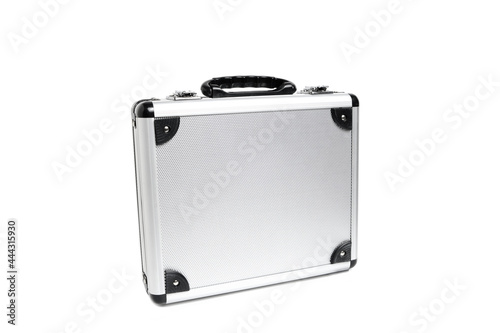 Metal aluminum briefcase on a white background.