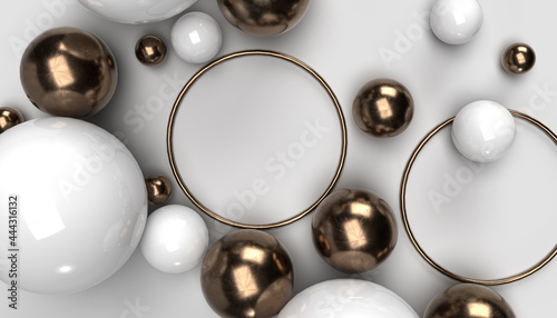 copper 3d balls on the white background, circles laying on the ground for copy space, perspective christmas design for adding text, render visualisation with different materials