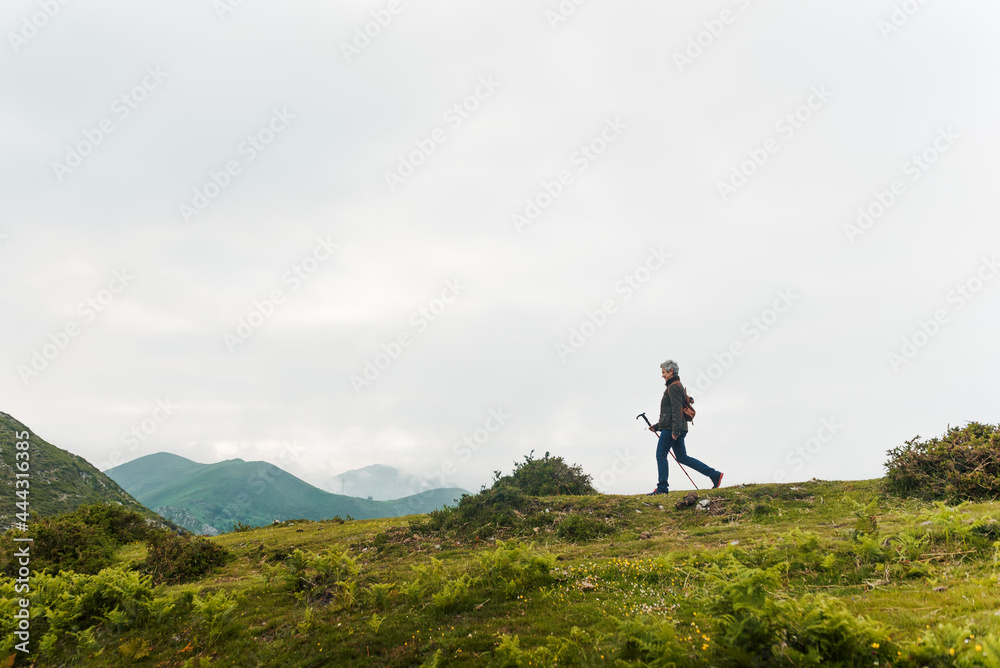 Senior female traveler walking towards mountain Senior female traveler walking towards mountain