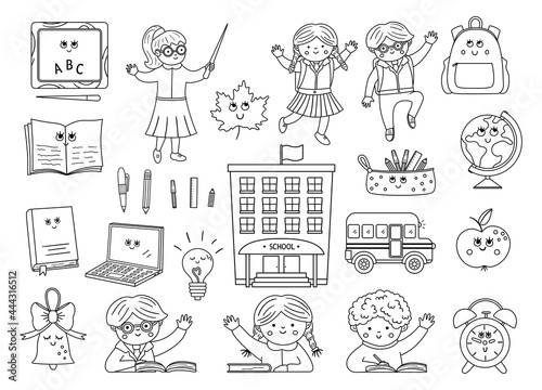 Back to school black and white kawaii vector set of elements. Educational clipart collection with cute line smiling objects.  Funny outline teacher and pupils illustration for kids..