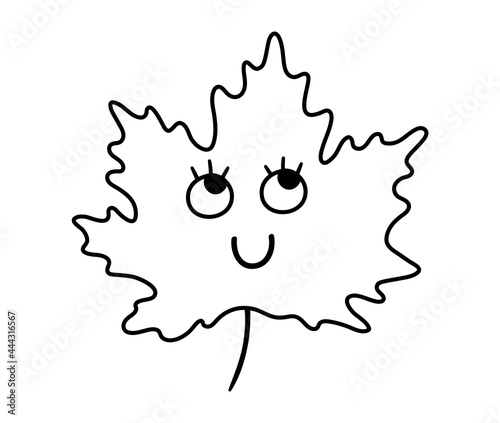 Vector black and white kawaii maple tree leaf illustration. Contour back to school educational clipart. Cute line style smiling plant with eyes. Funny outline picture for kids.