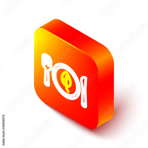 Isometric line Vegan food diet icon isolated on white background. Organic, bio, eco symbol. Vegan, no meat, lactose free, healthy, fresh and nonviolent food. Orange square button. Vector