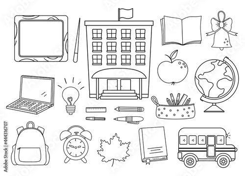 Back to school black and white icons set. Vector educational clipart collection with line objects. Outline college, school or university illustration with laptop, black board, schoolbag, book, pencil