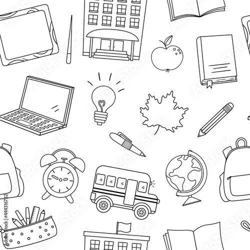 Back to school black and white vector seamless pattern. Educational outline digital paper. Cute line classroom icons background or coloring page with school building, bus, globe, stationery..