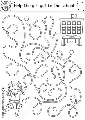 Back to school black and white maze for children. Preschool outline printable educational activity or coloring page. Funny puzzle with cute schoolgirl. Help the girl get to the school. Autumn game.