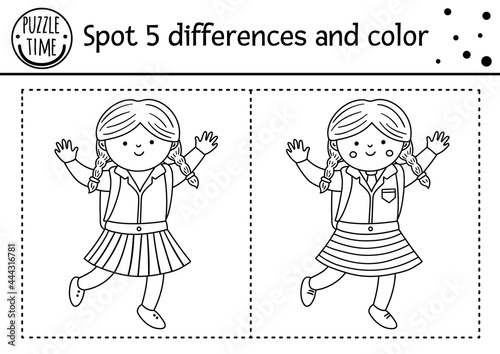 Back to school find differences game for children. Black and white educational activity and coloring page with school girl. Autumn printable worksheet with cute pupil. .