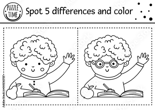 Back to school find differences game for children. Black and white educational activity and coloring page with school boy. Autumn printable worksheet with cute pupil. .