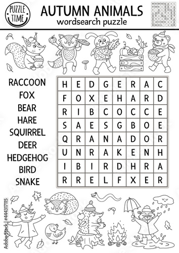 Vector black and white fall wordsearch puzzle for kids. Simple outline crossword with autumn forest animals for children. Line educational keyword activity with cute woodland characters.