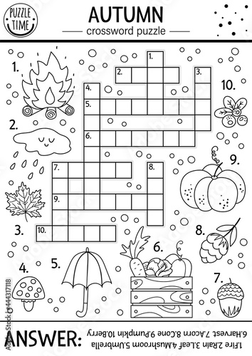 Vector black and white fall season crossword puzzle for kids. Simple outline quiz with autumn forest objects for children. Educational activity or coloring page with cute funny woodland animals.