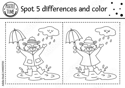 Autumn find differences game for children. Black and white educational activity and coloring page with raccoon under the rain with umbrella. Fall season printable worksheet with cute forest animal. .