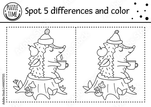 Autumn find differences game for children. Black and white educational activity and coloring page with hedgehog sitting on a stump with mug. Fall season printable worksheet with cute forest animal. .