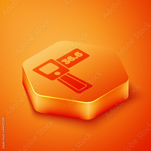 Isometric Digital contactless thermometer with infrared light icon isolated on orange background. Orange hexagon button. Vector