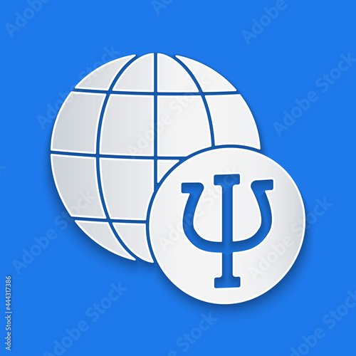 Paper cut Psychology icon isolated on blue background. Psi symbol. Mental health concept, psychoanalysis analysis and psychotherapy. Paper art style. Vector