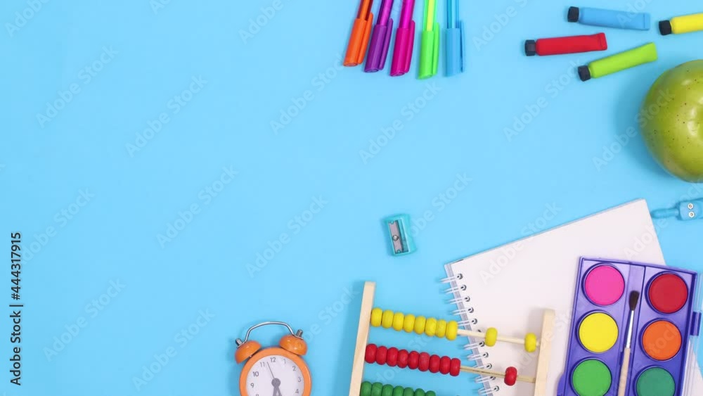 School and writing stationery move on blue theme. Back to school stop motion School and writing stationery move on blue theme. Back to school stop motion