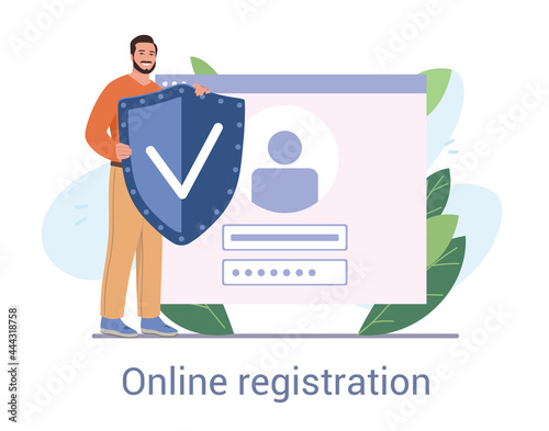 Smiling young male character registering online