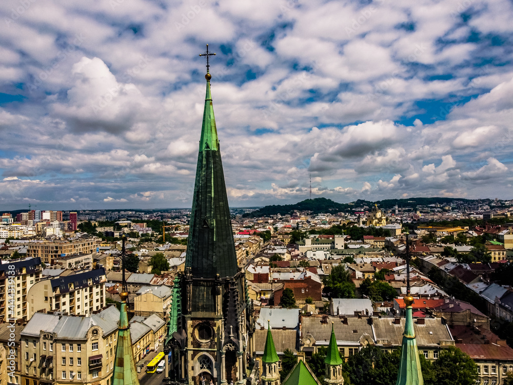 Church of Sts. Olha and Elizabeth, Lviv aerial panorama of the city