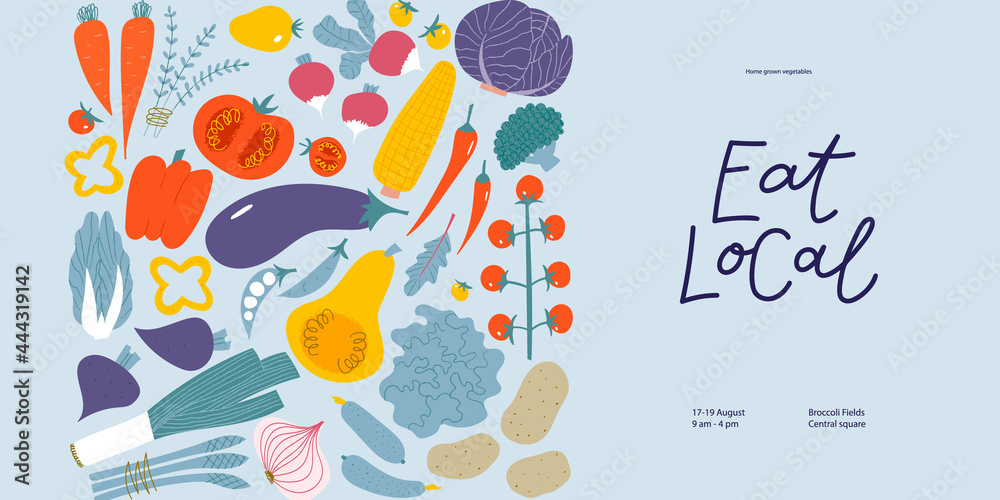 Eat local banner for farmers market. Hand drawn lettering with flat illustrations of veggies. Fresh organic vegetables for summer vegan menu. Eat local banner for farmers market. Hand drawn lettering with flat illustrations of veggies. Fresh organic vegetables for summer vegan menu.