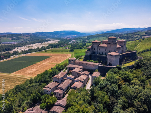 Torrechiara fortess castle Parma Italia aerial photo