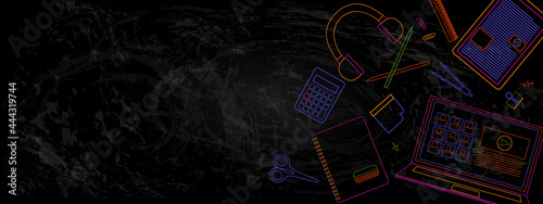 Back to school. Online education concept design with computer, tablet, laptop, school supplies. Neon color line art digital school icon background, headphone, calculator