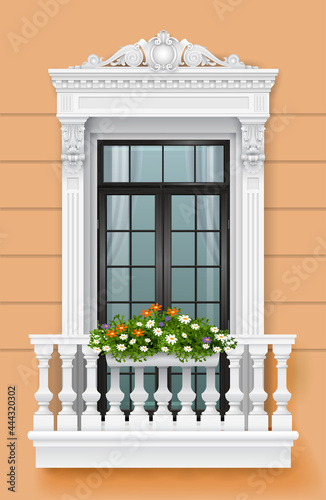 Classic balcony on the facade with a door