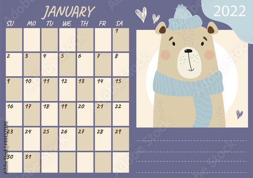Horizontal planner calendar template for January 2022. Cute winter bear in a hat and scarf. Vector illustration. Week from Sunday. Stationery for design and printing