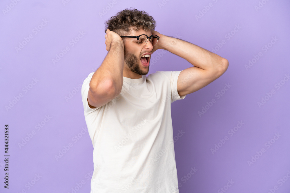 Delivery caucasian man isolated on purple background stressed overwhelmed Delivery caucasian man isolated on purple background stressed overwhelmed