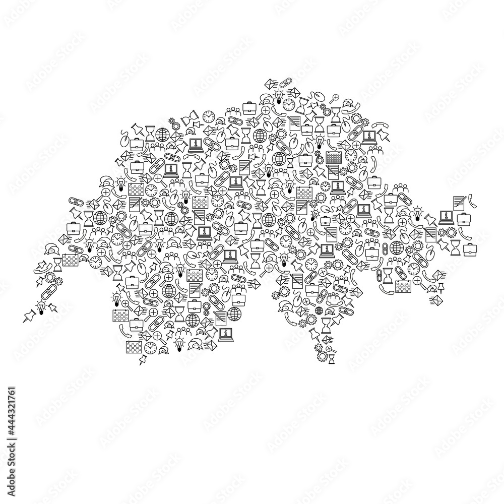 Switzerland map from black pattern set icons of SEO analysis concept or development, business. Vector illustration.