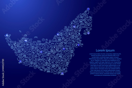 United Arab Emirates, UAE map from blue and glowing stars icons pattern set of SEO analysis concept or development, business. Vector illustration.