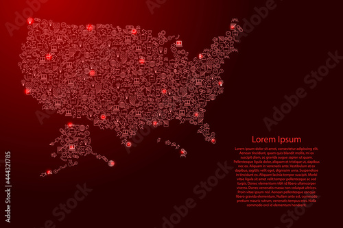 United States of America, USA map from red and glowing stars icons pattern set of SEO analysis concept or development, business. Vector illustration.