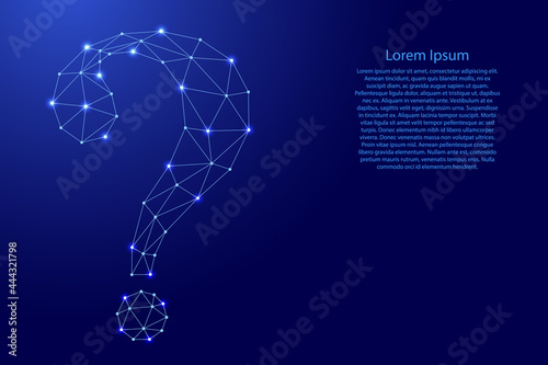 Large question mark from futuristic polygonal blue lines and glowing stars for banner, poster, greeting card. Vector illustration.