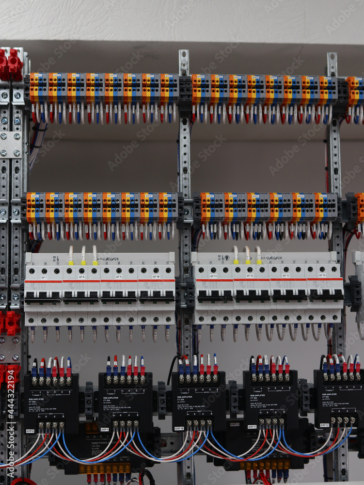 LED drivers and power supplies in the electrical panel for LED lighting.