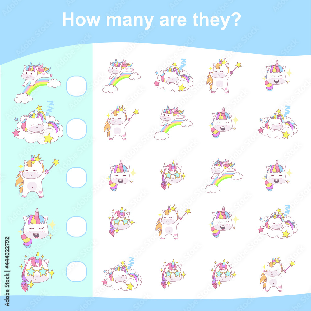 Counting unicorn game for children. Cute unicorn math worksheet. Unicorn math game. Educational printable math worksheet. Additional math for kids. Vector illustration in cartoon style. 