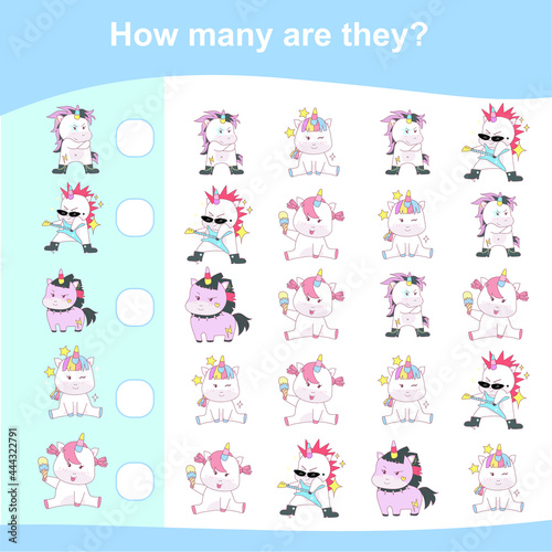 Counting unicorn game for children. Cute unicorn math worksheet. Unicorn math game. Educational printable math worksheet. Additional math for kids. Vector illustration in cartoon style. 