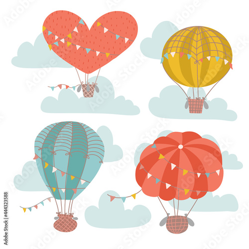 Vintage hot air balloon festival card. Set of air balloons  clouds for adventure flat hand drawn vector illustration. Childish pastel colors concept.