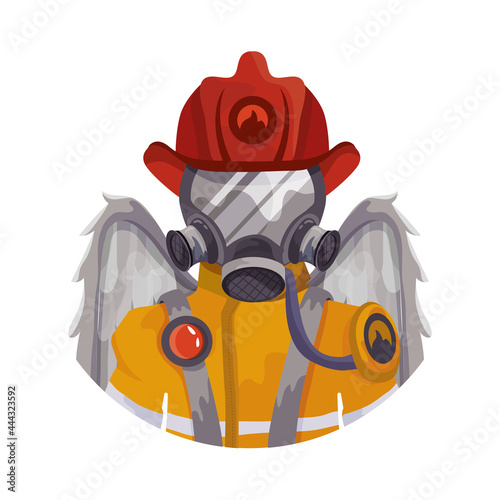 A firefighter with angel wings. Fire. Saving someone's life. Dangerous work. Vector illustration for icons, websites and prints. Cartoon firefighter in uniform.