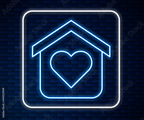 Glowing neon line Shelter for homeless icon isolated on brick wall background. Emergency housing, temporary residence for people, bums and beggars without home. Vector