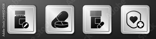 Set Medicine bottle and pills, Medicine pill or tablet, Medicine bottle and pills and Shield and heart rate icon. Silver square button. Vector