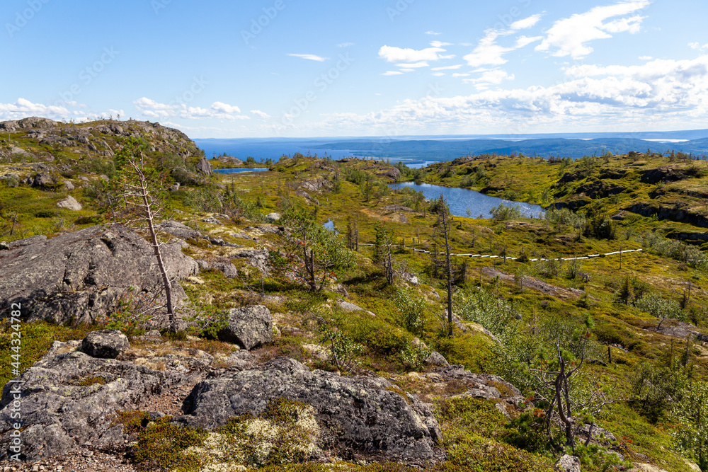 Stones, rocks and rare vegetation on the green mountain Kivakka, Paanayarvi. Karelia. Russia overlooks the blue ocean on the horizon.