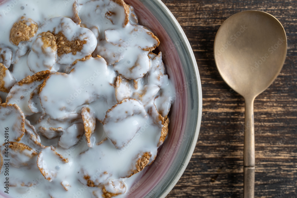 Whole grain glazed flakes with yogurt in plate. Healthy breakfast, whole grain muesli in a bowl Whole grain glazed flakes with yogurt in plate. Healthy breakfast, whole grain muesli in a bowl