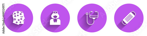 Set Psoriasis or eczema rash, Nurse, Stethoscope and Medical protective mask icon with long shadow. Vector