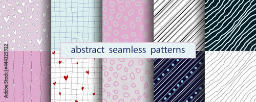 Geometric abstract seamless pattern. Set of patterns. Heart, line, square, diagonal, spot elements in light seamless patterns. Repeat endless tiles for design. Vector illustration
