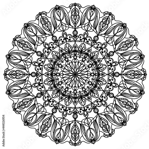 Isolated mandala in black on a white background. Ethnic ornament for coloring, placing on fabric, paper, leather, glass. Design element, template for tattoos, henna paintings.