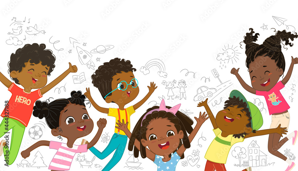 A group of African American boys and girls play together, jumping and  dancing fun against the background of the wall with children drawings. Long  banner. Funny cartoon characters. Vector illustration Stock Vector |